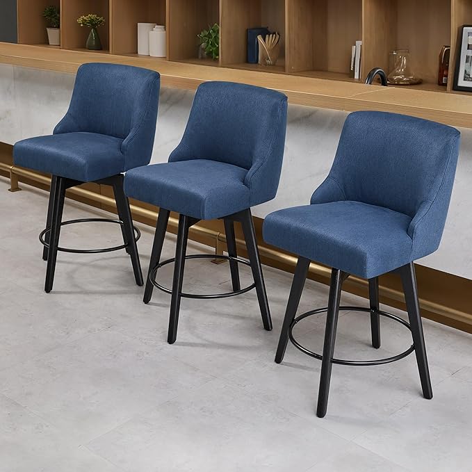 Counter Height Bar Stools Set of 4, Swivel Barstools with Backs and Wood Legs, Linen Fabric Upholstered Counter Stools for Kitchend Island, Mid-Century Modern 26" Seat Height Bar Chairs, Blue