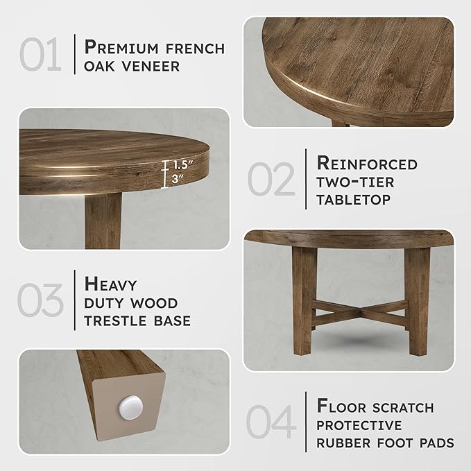 Lexicon 60 Inch Round Dining Table for 4-6 People, Solid Wood Frame with Circle Top, Farmhouse Small Round Kitchen Table for Dinner, Living Room, Modern Natural Wooden Finish, Easy Assembly, Brown