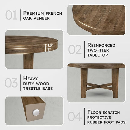 Lexicon 60 Inch Round Dining Table for 4-6 People, Solid Wood Frame with Circle Top, Farmhouse Small Round Kitchen Table for Dinner, Living Room, Modern Natural Wooden Finish, Easy Assembly, Brown