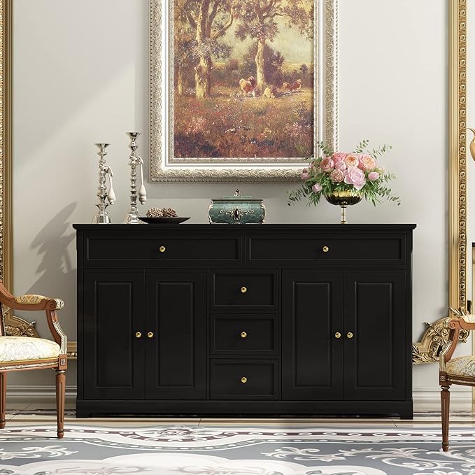 ECACAD Sideboard Buffet Cabinet with 4 Storage Compartments & 5 Drawers, Kitchen Console Table Storage Cabinet Coffee Bar for Living Room, Hallway, Black