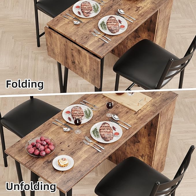 3-Piece Bar Table and Chairs Set, Extendable Kitchen Island with Storage Shelves, Counter Height Dining Table for Small Spaces, 2 Cushioned Bar Stools Included, Vintage Finish