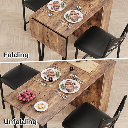 3-Piece Bar Table and Chairs Set, Extendable Kitchen Island with Storage Shelves, Counter Height Dining Table for Small Spaces, 2 Cushioned Bar Stools Included, Vintage Finish