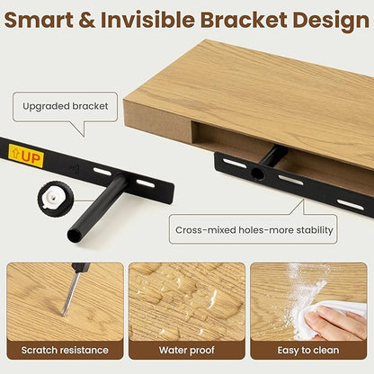 40 Inch Floating Shelves for Wall, 8 Inch Deep Floating Shelf for Storage & Display, Rustic Wall Mounted Shelf with Invisible Brackets for Living Room, Kitchen, Bathroom, Home Decor, Set of 2, Oak