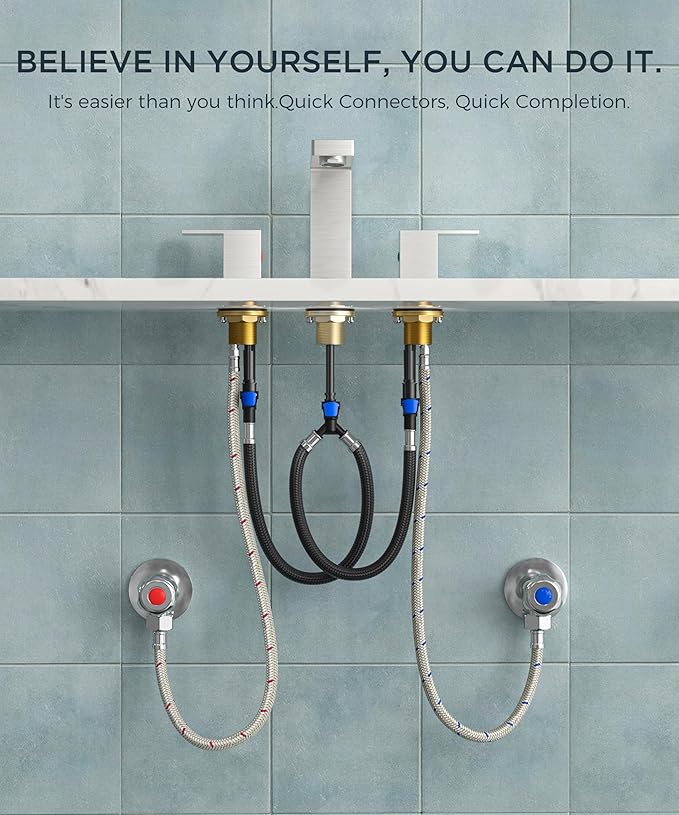 QFN Lead-Free Brushed Nickel Bathroom Faucet 3 Hole, Square Bathroom Sink Faucet 8 Inch Widespread, 2 Handle for 4"-12" Vanity Sink with Metal Pop Up Drain and 24" cUPC Supply Hoses