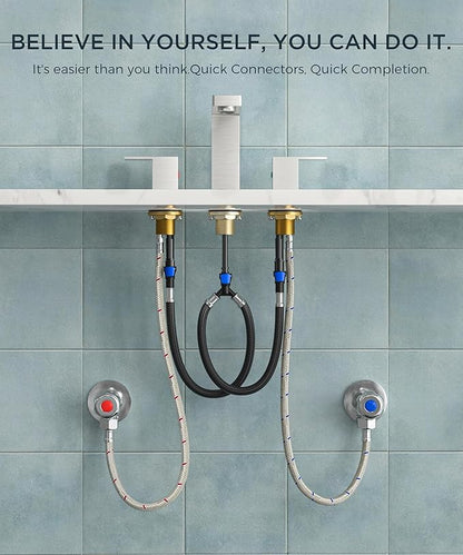 QFN Lead-Free Brushed Nickel Bathroom Faucet 3 Hole, Square Bathroom Sink Faucet 8 Inch Widespread, 2 Handle for 4"-12" Vanity Sink with Metal Pop Up Drain and 24" cUPC Supply Hoses