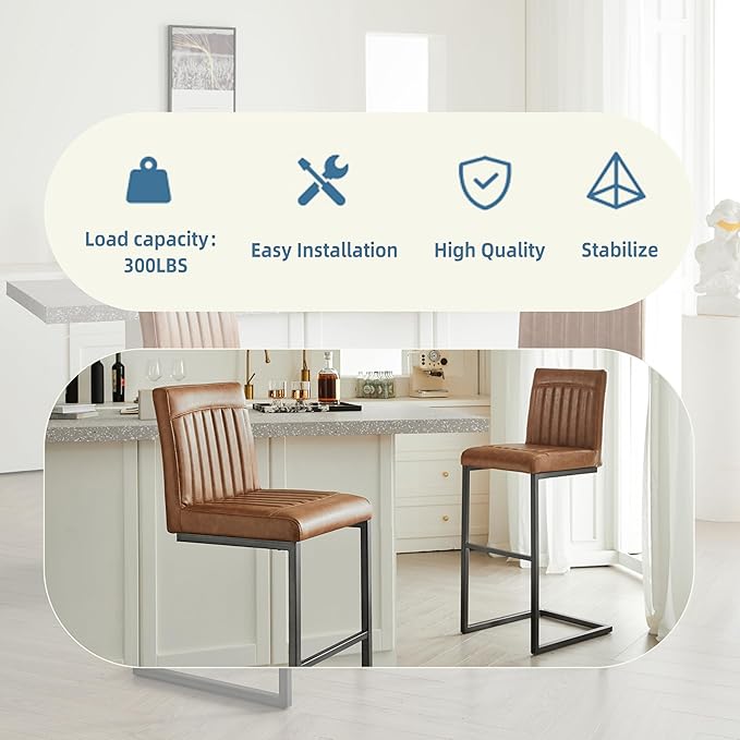 26" Counter Height Bar Stools Set of 2, Modern Upholstered Chairs with Vertical Tufted Backrest & Footrest, Metal Frame for Kitchen Island, Home Bar (Cognac PU Leather)