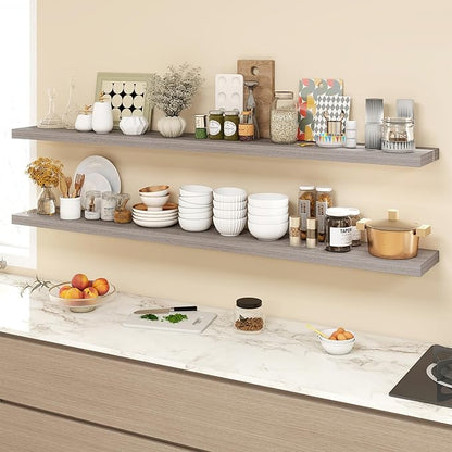 Acovy 72 Inch Floating Shelves, 9.3" Deep Floating Shelf Wall Mounted, 72" Wall Shelves, Rustic Deep Bookshelf, Large Display Shelves & Storage Shelves for Bedroom, Living Room, Grey, Set of 2