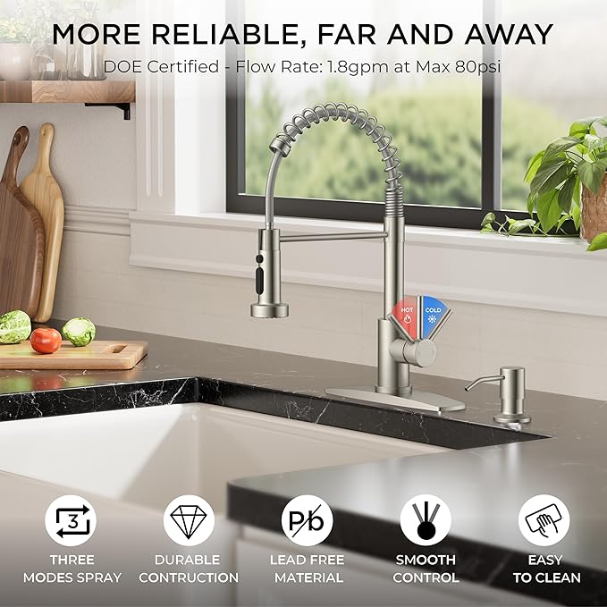 FORIOUS Kitchen Faucet with Soap Dispenser, Brushed Nickel Stainless Steel Sink Faucet with Sprayer Single Handle, Commercial Modern Spring Faucet for Kitchen Sink, Bar & Prep Sink, Laundry RV Camper