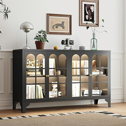 Foreate Sideboard Buffet Cabinet with Glass Door & LED Light, 53.2" Large Buffet Cabinet with Storage & Adjustable Shelf, Farmhouse Sideboard Credenzas Metal Kitchen Buffet, Black