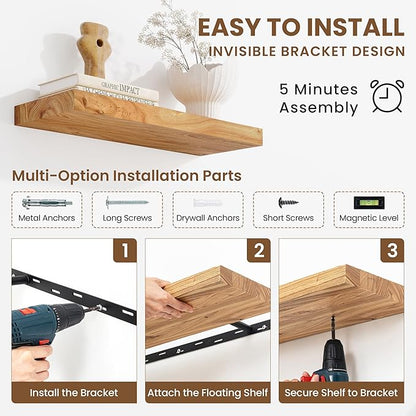 Acovy Extra Deep 32" Long Rustic Solid Wood Floating Shelves for Wall, Wall Shelves with Invisible Bracket for Living Room Bathroom Bedroom Kitchen, Set of 2, Walnut