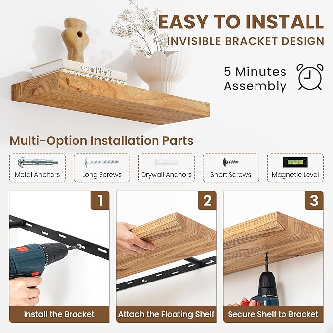 Acovy Extra Deep 36" Long Rustic Solid Wood Floating Shelves for Wall, Wall Shelves with Invisible Bracket for Living Room Bathroom Bedroom Kitchen, Set of 2, Walnut