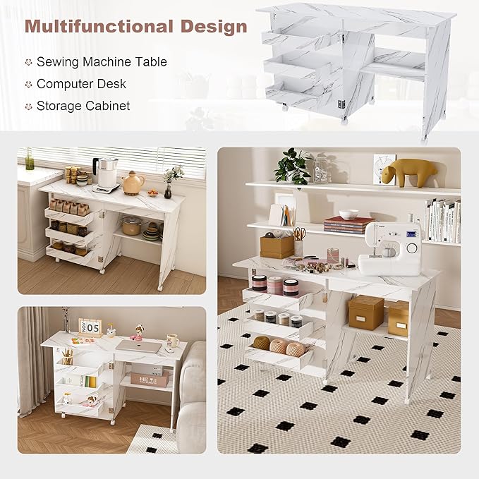 4-in-1 Folding Sewing Table with Lockable Wheels – Craft Station, Computer Desk, End Table & Kitchen Storage with Shelves, White Rolling Sewing Machine Table for Small Spaces