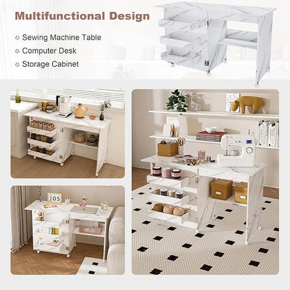 4-in-1 Folding Sewing Table with Lockable Wheels – Craft Station, Computer Desk, End Table & Kitchen Storage with Shelves, White Rolling Sewing Machine Table for Small Spaces