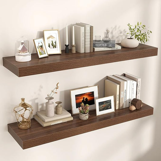 Venusmiles Floating Shelves for Wall, 48" W x 12" D x 2" H, 2 Pack of Long Wall Mounted Engineered Wood Shelves with Invisible Brackets for Living Room, Bedroom, Bathroom, Kitchen Decor, Walnut