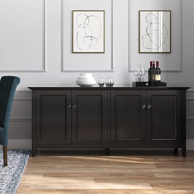 SIMPLIHOME Amherst Storage Cabinet - 66 inch Wide Solid Wood 4-Shelf Sideboard Cabinet in Hickory Brown, Transitional Buffet for Living Room or Dining Room with 4 Doors and Adjustable Shelves
