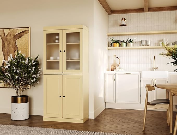 Palace Imports 100% Solid Wood Kitchen Pantry w/ 2 Frosted Glass Doors & Bottom Wooden Storage Cabinet, Yellow, 32" w x 71.5" h, Renewable Eco-Friendly Wood, Made in Brazil