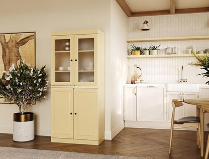 Palace Imports 100% Solid Wood Kitchen Pantry w/ 2 Frosted Glass Doors & Bottom Wooden Storage Cabinet, Yellow, 32" w x 71.5" h, Renewable Eco-Friendly Wood, Made in Brazil