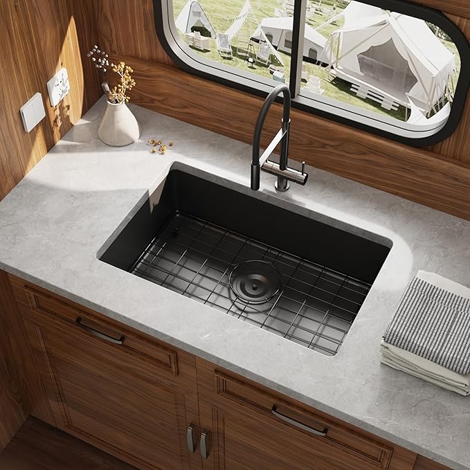 Kitsitchen Black RV Kitchen Sink, SUS304 Stainless Steel Undermount Kitchen Sinks, 23" x 16" x 7"Single Bowl Kitchen Sinks with Accessories,7 inch Depth for Outdoor Camper RV Sink
