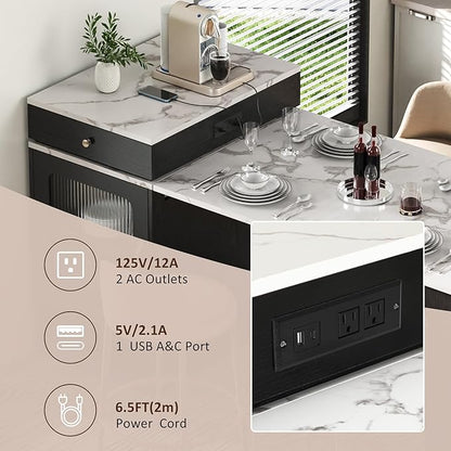 Kitchen Island with Extendable Table, Extendable Wood Kitchen Storage Cabinet with 2 Drawers and Open Shelves, Foldable Storage Table with Power Outlet, Black