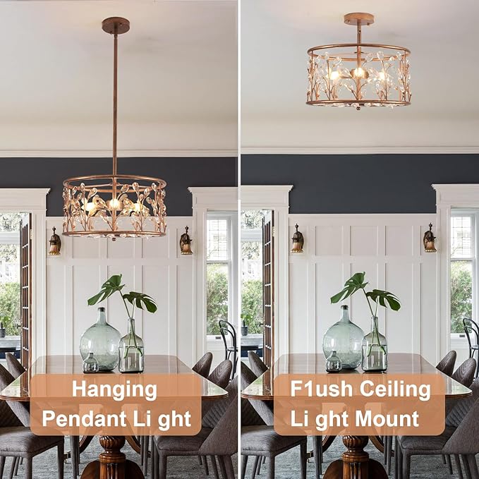 Vintage Crystal Round Chandelier, 15.7" Drum Chandeliers for Dining Room, 3-Lights Kitchen Chandelier Over Table, Hanging Pendant Light Fixture for Entryway Living Room