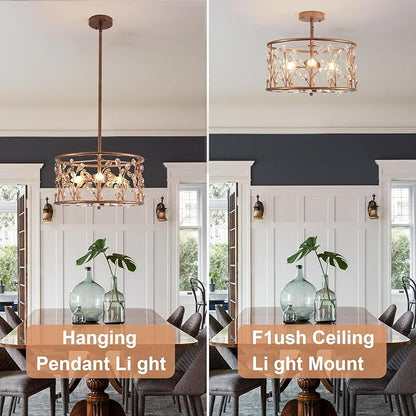 Vintage Crystal Round Chandelier, 15.7" Drum Chandeliers for Dining Room, 3-Lights Kitchen Chandelier Over Table, Hanging Pendant Light Fixture for Entryway Living Room