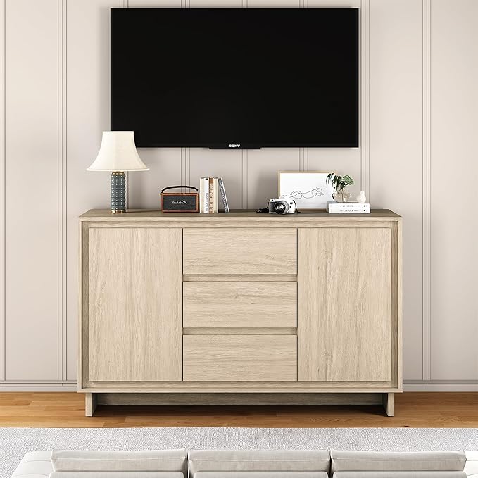 RoyalCraft Buffet Cabinet with Storage, Coffee Bar Cabinet with 3 Drawers and 2 Doors, Framed Edge Design, Modern Sideboard for Kitchen, Living Room and Dining Room, Beige