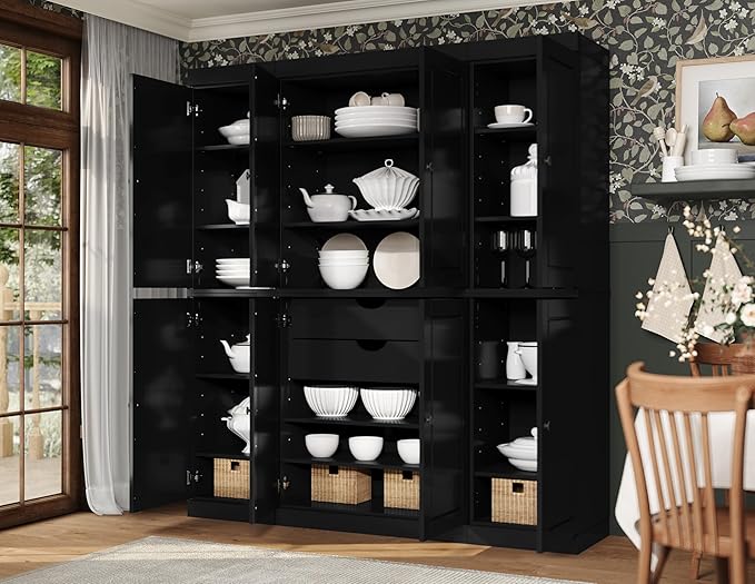 Palace Imports Solid Wood Pantry Storage - 71.5" Tall, 65" Wide Freestanding Utility Cabinet with 2-Drawer Kit & Adjustable Shelves – Black, Renewable Eco-Friendly 100% Wood, Made in Brazil