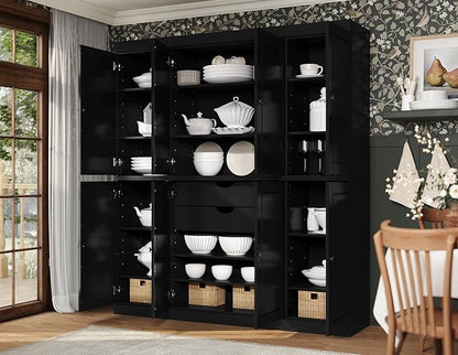 Palace Imports Solid Wood Pantry Storage - 71.5" Tall, 65" Wide Freestanding Utility Cabinet with 2-Drawer Kit & Adjustable Shelves – Black, Renewable Eco-Friendly 100% Wood, Made in Brazil