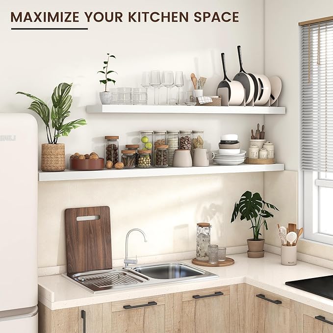 Venusmiles Floating Shelves for Wall, Engineered Wood Wall Shelves with Invisible Brackets for Living Room Bedroom Bathroom Office Kitchen Decor and Storage (White, 72" W x 9" D x 1.5" H) Set of 1