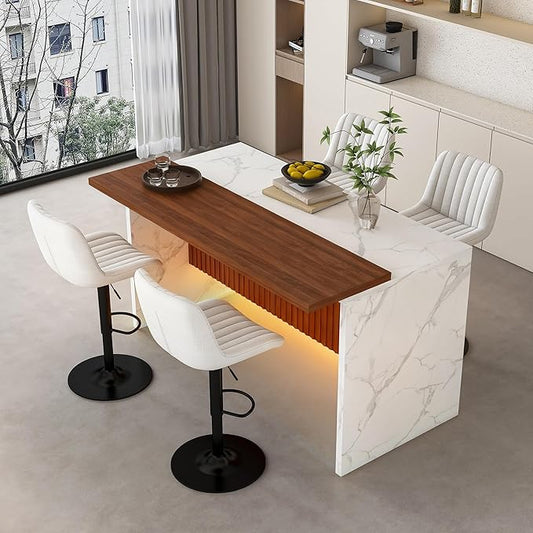 63" Modern Kitchen Island with Marble-Look Surface with 2/4 Bar Stools, Island Table with LED Lights, for Kitchen,Dining Room, Bar, Office, Living Room (White+4Beige)