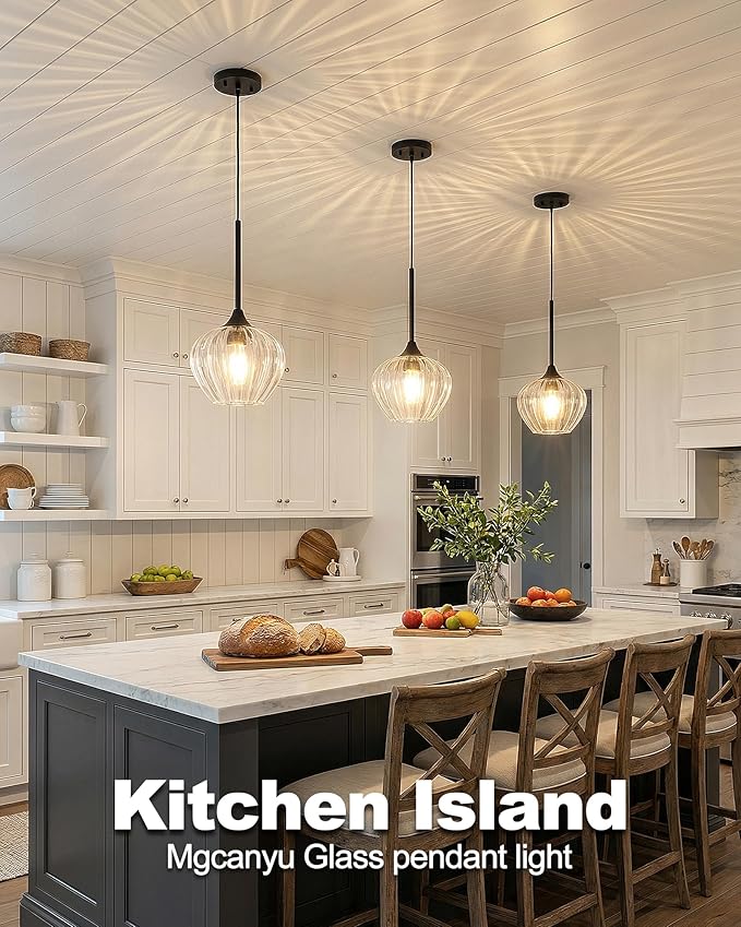 2-Pack Glass Pendant Lights Kitchen Island, 7" Modern Black Glass Pendant Lighting Farmhouse Hanging Light Fixtures for Kitchen, Dining Room, Bathroom, Bedroom