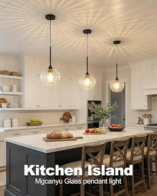 2-Pack Glass Pendant Lights Kitchen Island, 7" Modern Black Glass Pendant Lighting Farmhouse Hanging Light Fixtures for Kitchen, Dining Room, Bathroom, Bedroom