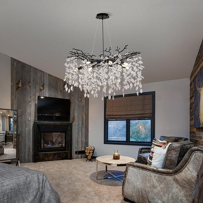 Crystal Tree Branches Chandeliers Luxury Round Hanging Pendant Light 10 Lights for Dining Room Bedroom Living Room Entryway 30.5" Black