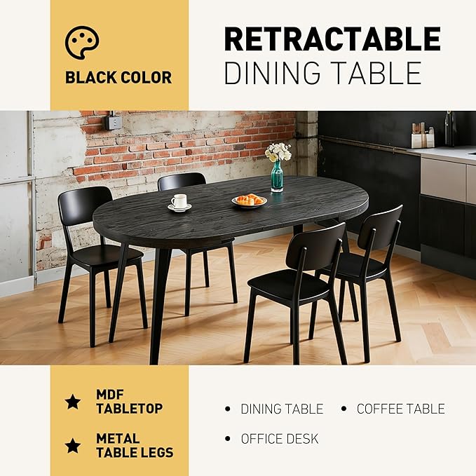 Extendable Dining Room Table, 70.87”-39.37”Large Oval Kitchen Table Set for 4 to 6 People，Wood Tabletop Foldable Tables for Conference Room (1 Table Only Black)