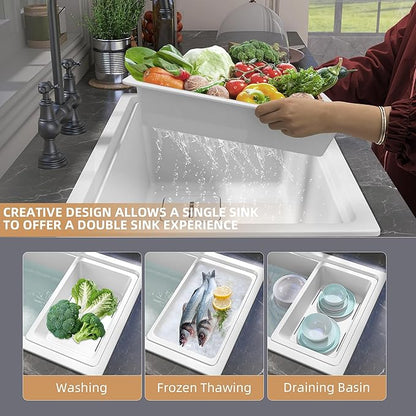 33 in. White Undermount Workstation Kitchen Sink Granite Composite Drop-in Sink Deep Modern Farmhouse Sink Single Bowl 33x19 with Accessory Kit