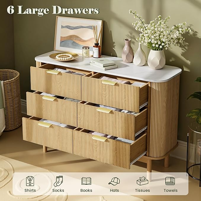 Pamapic Fluted Sideboard Buffet Cabinet, 47" Storage Cabinet with Curved Profile Design & Faux Marble Top, Modern Credenza with 6 Drawers, Wood Buffet Console Table for Living Room, Hallway, Natural