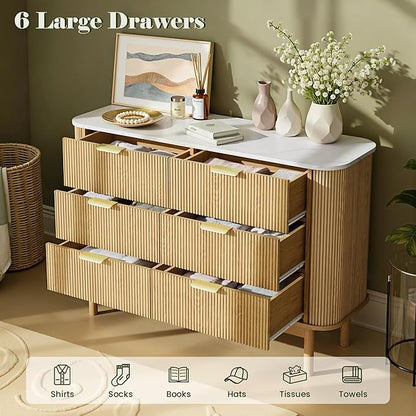 Pamapic Fluted Sideboard Buffet Cabinet, 47" Storage Cabinet with Curved Profile Design & Faux Marble Top, Modern Credenza with 6 Drawers, Wood Buffet Console Table for Living Room, Hallway, Natural