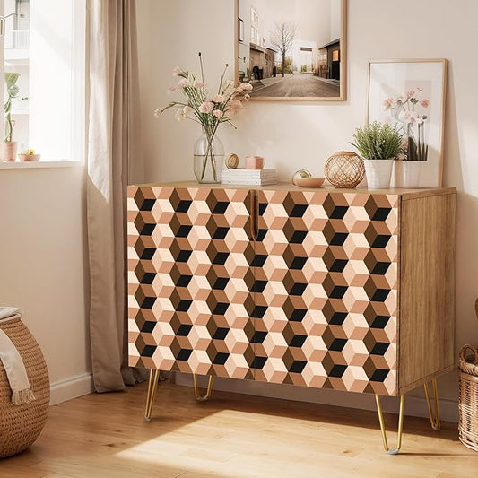 SIGNWIN Sideboard Buffet Cabinet, Kitchen Storage Cabinet with 2 Doors, Vibrant 3D Style Square Cube Patterns, Cupboard Console Table for Dining Room - 35" L x 18" W x 29" H