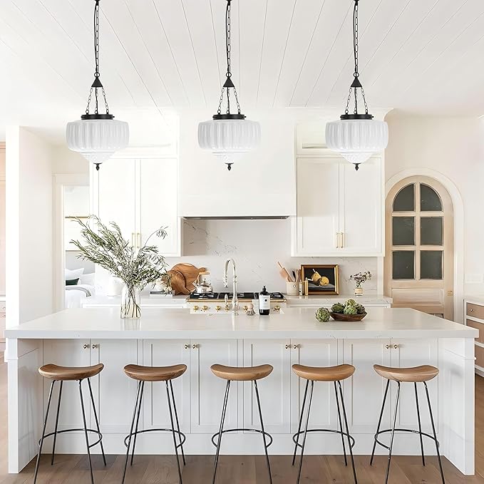 FCTWAKS Milk Glass Pendant Light, 12" Mid Century Modern Schoolhouse Ceiling Light Fixtures, Black Finish with Frosted Glass, Vintage Chandelier for Kitchen Island Dining Room, Bulb Included