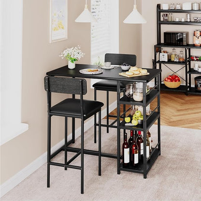 TrailBlaze 3-Piece Dining Table Set for 2, Counter Height Bar Kitchen Table with 3 Storage Shelves, Upholstered Chairs - Space-Saving Furniture for Apartment, Bistro - Rustic Black - 1+2 Set