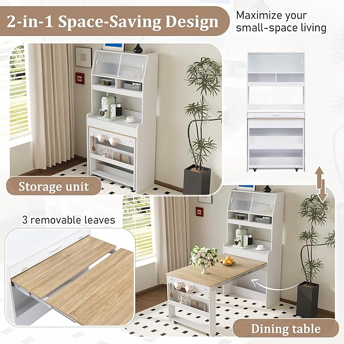 Compact Buffet with Hutch and Foldable Dining Table, Multifunctional Cupboard with Storage Shelf and Side Hooks, 2-in-1 Buffet for Small Places, Studio, Apartment (Natural-9c)