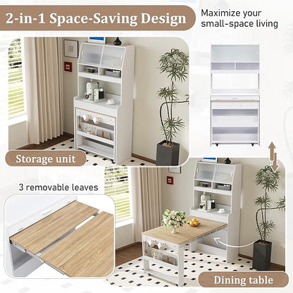 Compact Buffet with Hutch and Foldable Dining Table, Multifunctional Cupboard with Storage Shelf and Side Hooks, 2-in-1 Buffet for Small Places, Studio, Apartment (Natural-9c)