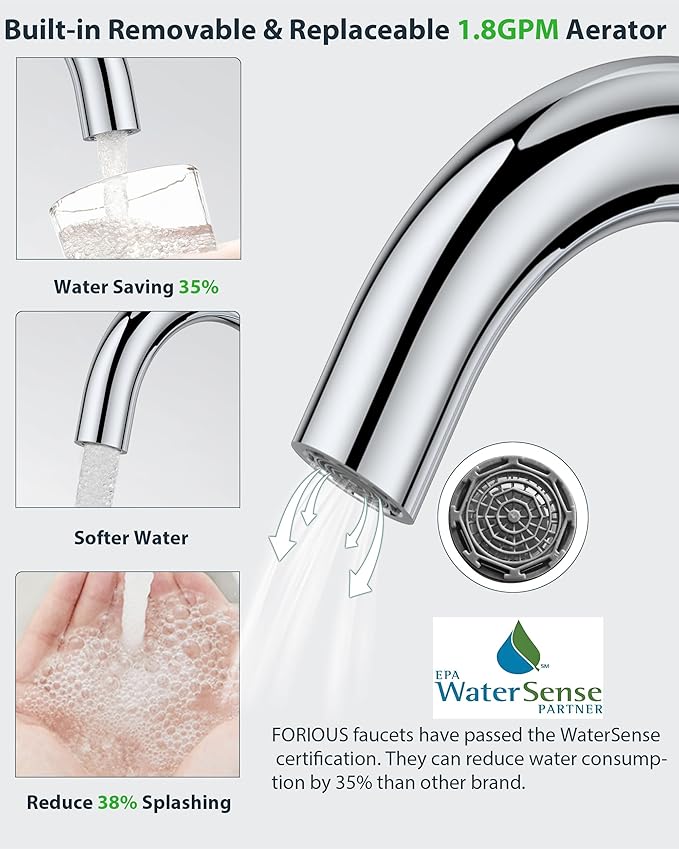 FORIOUS Single Hole Bathroom Faucets 3 Hole One Handle 360° Swivel Gooseneck Spout, Lead-Free, Suitable for Wet Bar Kitchen RV Vanity Restroom,with Pop Up Drain and Supply Line