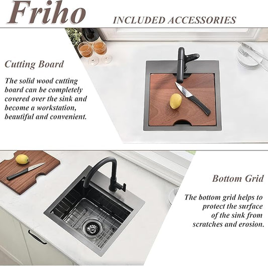 Friho Drop in Black Bar Sink, 15 x 15 Inch Stainless Steel Single Bowl Topmount Kitchen Sink, Handmade Bar Prep Sink,Outdoor Rv Single Bowl Kitchen Bar Sink with Cutting Board