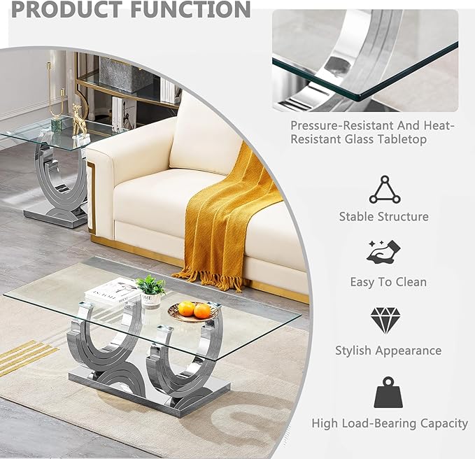 HomVent Glass Coffee Table Set of 3, 1 End Tables and 1 Console Table Living Room Set, 3 Piece Modern Silver Tempered Glass Top Side Tables Bedroom Set of 3 Rectangle Dinner Bedside Sets for Bedroom