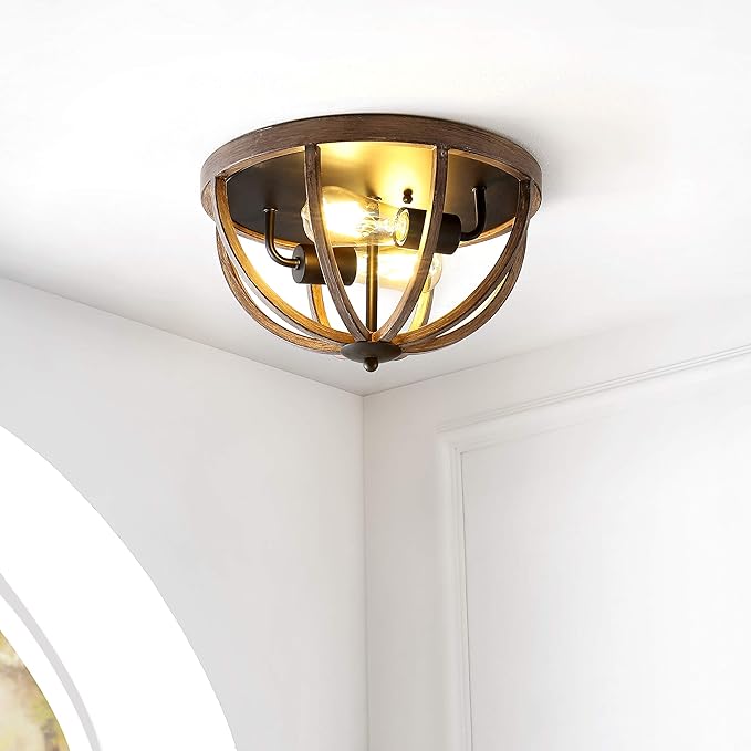 JONATHAN Y 13" Brown Oil Rubbed Bronze 2-Light Iron Flush Mount, Rustic Farmhouse Ceiling Light, Barnwood Metal Fixture for Kitchen Hallway, UL Listed, LED Bulbs Included JYL7479A