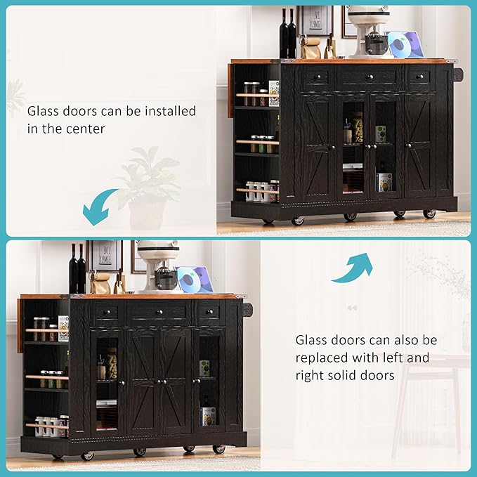 GOWE K&K 53'' Farmhouse Kitchen Island with Two Tempered Glass Cabinet Doors, Power Outlet, Rolling Kitchen Cart on Wheels with Drop Leaf, 5 Open Side Racks, 3 Drawers, for Kitchen, Dining Room, Black