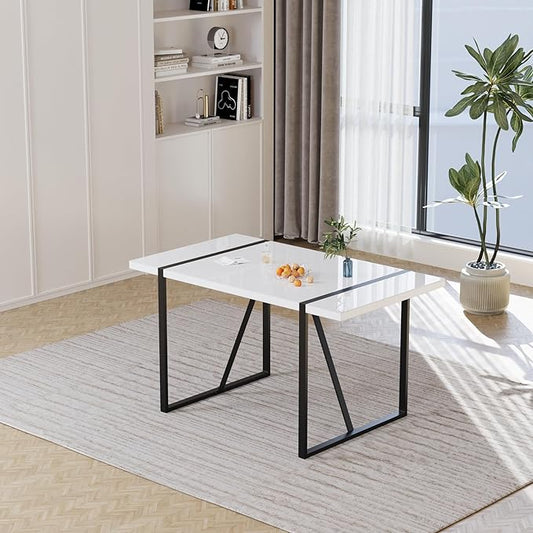55" Stain-Resistant Dining Table, Kitchen Table with Metal Legs, Dinner Tables with Stable Frame for Dining Room & Living Space, White