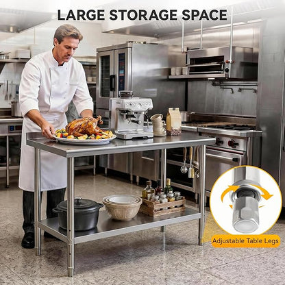 DWVO 60x24in Stainless Steel Table, NSF Metal Prep Worktable with Backsplash for Kitchen Restaurant Hotel Garage Warehouse Home