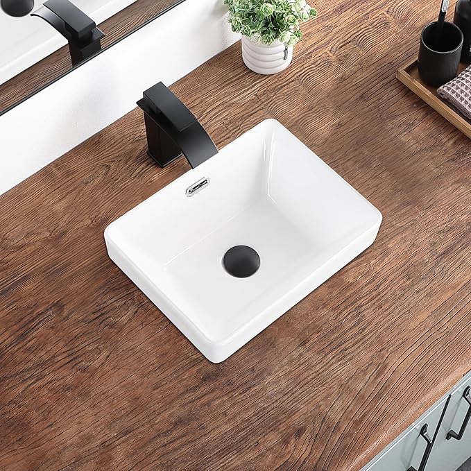 Bathroom Vessel Sink 15.5'' x 11.9'' Small Semi Recessed Bathroom Sink Rectangular Drop In Sink with Overflow White Ceramic Modern Vessel Sinks for Bathroom